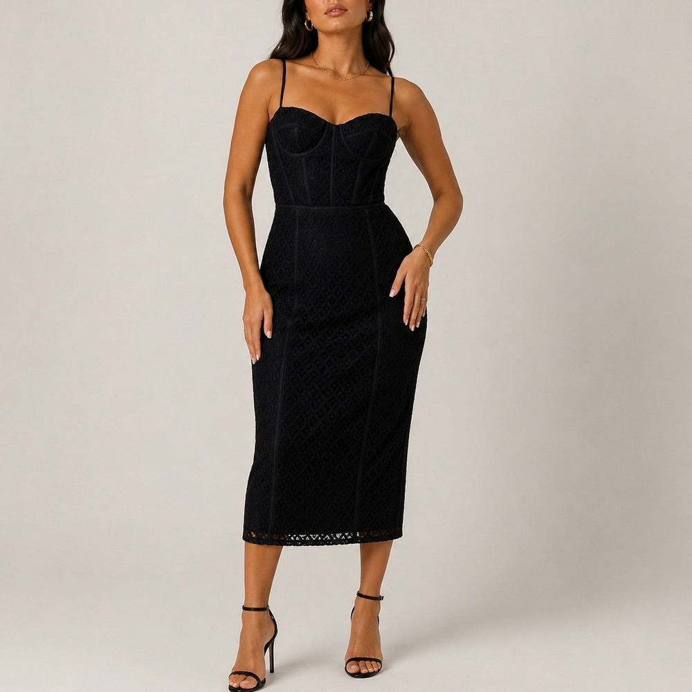 NWOT Bardot Charley Lace Bustier Cocktail Sheath Midi Dress 2 Black Corset Party